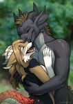 anthro duo eyes_closed horn hug male nude open_mouth smile tail teeth tongue kero_tzuki mythology dusk_(duskdgn) sofia_(jagon) canid canine dragon hybrid mammal mythological_creature mythological_scalie scalie wingless_dragon 2023 digital_media_(artwork) hi_res