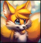 anthro black_border blue_eyes border cookie food fur male multi_tail multicolored_body multicolored_fur smile solo tail teeth two_tone_body two_tone_fur white_body white_fur yellow_body yellow_fur mylafox sega sonic_the_hedgehog_(series) miles_prower canid canine fox mammal 2014