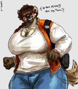 5_fingers anthro backpack black_backpack black_nose blue_bottomwear blue_clothing blue_jeans blue_pants bottomwear brown_body brown_fur brown_hair clothing denim denim_bottomwear denim_clothing fangs female fingers fur hair hunter_(limbo6_6) jacket jeans muscular muscular_anthro muscular_female nervous nervous_look orange_clothing orange_jacket orange_topwear pants shirt solo speech_bubble t-shirt tail teeth topwear white_clothing white_shirt white_t-shirt white_topwear limbo6_6 hyena mammal hi_res