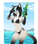 anthro big_breasts bikini black_body black_clothing black_fur black_tail_tip black_underwear breasts clothed clothing cocked_hip detailed_background dipstick_tail female fully_clothed fur gloves_(marking) hair markings multicolored_body multicolored_fur multicolored_hair multicolored_tail smile solo swimwear tail tail_markings toy toy_gun two-piece_swimsuit two_tone_body two_tone_fur two_tone_hair underwear water water_gun white_body white_fur kyotoleopard mai_karmel domestic_cat felid feline felis mammal 2018 digital_media_(artwork) hi_res