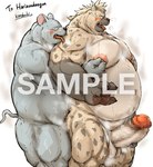 2022 anthro balls belly big_penis blush bodily_fluids censored distracting_watermark duo erection genitals groping_from_behind humanoid_genitalia humanoid_hands humanoid_penis hyena kemono kotobuki male male/male mammal moobs murid murine nipples obese obese_male overweight overweight_male penis rat rodent sample sex spotted_hyena sweat thick_penis tongue tongue_out watermark