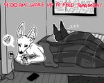 ambiguous_species anthro bat bed bedding blanket cellphone cheek_tuft duo ear_piercing ear_ring electronics english_text eyes_closed facial_tuft frustration_cloud furniture greyscale iconography lying lying_on_bed male mammal monochrome on_bed on_side phone piercing ring_piercing sins_(sinsquest) sinsquest sleeping smartphone solo_focus sound_effects text trans_(lore) trans_man_(lore) tuft vowelless vowelless_sound_effect zzz