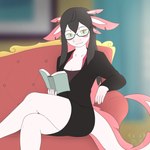 anthro black_hair book clothing eyewear female fur furniture gills glasses hair long_tail looking_at_viewer scales sitting sofa solo suit tail white_body white_fur white_scales jonatanm axie_(jonatanm) amphibian axolotl mammal marine mole_salamander salamander hi_res