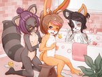 anthro bathing bathroom blush butt eyewear featureless_crotch female flat_chested glasses group loli nude trio wet young young_anthro monchichiwa ashleigh_stark kayla_(dustywuffy) miyu_bunny canid canine canis lagomorph leporid mammal mouse murid murine rabbit rat rodent wolf 4:3 absurd_res hi_res