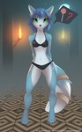 4_toes 5_fingers absurd_res anthro barefoot black_nose blue_body blue_fur blue_hair bra breasts canid canine claws clothed clothing detailed_background exposure_variation feet female fingers fox front_view fur green_eyes hair hi_res krystal_(star_fox) mammal medium_breasts midriff navel nintendo panties piranha_fish smile solo standing star_fox toes topwear underwear