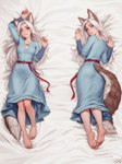 5_fingers 5_toes barefoot blue_eyes breasts brown_tail butt clothed clothed_female clothed_humanoid clothing dakimakura dress feet female female_humanoid fingers freckles fully_clothed fully_clothed_female fully_clothed_humanoid hair heterochromia inner_ear_fluff long_hair looking_at_viewer lying nails on_back on_front smile soles solo tail teeth toenails toes topwear tuft white_hair yellow_eyes personalami losse_(personalami) animal_humanoid canid canid_humanoid canine canine_humanoid fox_humanoid humanoid mammal mammal_humanoid 2025 3:4 dakimakura_design digital_media_(artwork) hi_res