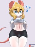 anthro black_bottomwear black_clothing black_shorts blonde_hair blue_clothing blue_eyes blue_shirt blue_topwear blush bottomwear bulge clothed clothing femboy front_view hair looking_at_viewer male midriff pink_body pink_inner_ear pink_nose ponytail pupils question_mark raised_clothing raised_shirt raised_topwear shirt shorts solo thick_thighs tight_clothing topwear wide_hips mr-shin marvin_(mr-shin) mammal mouse murid murine rodent 2024 3:4 hi_res