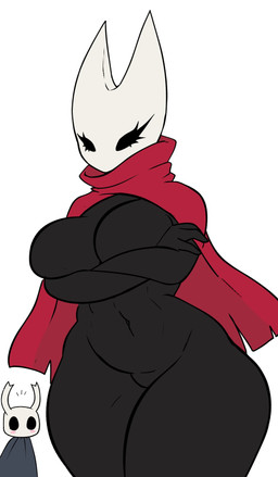 anthro big_breasts black_body black_eyes blush breasts cape clothed clothing crossed_arms duo female horn male male/female partially_clothed red_cape red_clothing simple_background thick_thighs white_head james_andromeda hollow_knight_(franchise) team_cherry hornet_(hollow_knight) the_knight_(hollow_knight) arachnid arthropod spider vessel_(species) 2026 absurd_res hi_res brother_(lore) half_brother_(lore) half_sister_(lore) sibling_(lore) sister_(lore)