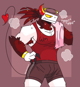 anthro biped bodily_fluids bottomwear bracelet clothed clothed_anthro clothed_male clothing front_view fully_clothed fully_clothed_anthro fully_clothed_male fur hair halo hand_on_hip hand_on_own_hip head_horn holding_object holding_towel horn jewelry male mouth_closed muscular muscular_anthro muscular_male narrowed_eyes onomatopoeia ponytail pose pupils purple_background purple_bottomwear purple_clothing purple_shorts red_body red_clothing red_eyes red_fur red_hair red_shirt red_tank_top red_topwear shirt shorts simple_background slit_pupils snout solo sound_effects sweat sweatdrop sweaty_face tank_top text topwear towel white_body yellow_eyes skykdotidot karma_(skykdotidot) unknown_species 2024 artist_name digital_drawing_(artwork) digital_media_(artwork) hi_res portrait three-quarter_portrait
