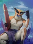 anthro blue_eyes clothed clothing looking_at_viewer male outside smile solo surfboard swimming_trunks swimwear tail teeth tongue water lennoxicon deadlock valve kali_(deadlock) lizard reptile scalie absurd_res hi_res