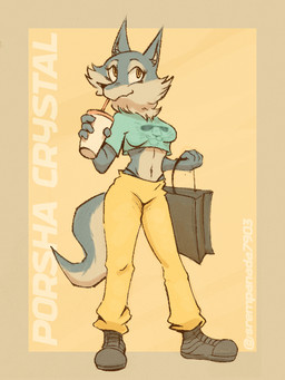 anthro blue_clothing blue_topwear bottomwear cheek_tuft clothed clothing crop_top eyelashes facial_tuft female footwear fur grey_body grey_fur long_eyelashes multicolored_body multicolored_fur neck_tuft pants shirt shoes shopping_bag solo thong_straps topwear tuft two_tone_body two_tone_fur ventral_groove yellow_bottomwear yellow_clothing yellow_eyes yellow_pants sr_empanada illumination_entertainment sing_(movie) porsha_crystal canid canine canis mammal wolf 2025 3:4