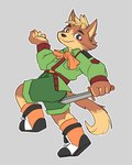 brown_body brown_fur clothed clothing fur green_clothing male mercenary short_sword simple_background solo tan_body tan_fur uniform mousesix konami suikoden suikoden_2 gengen canid japanese_kobold mammal 4:5