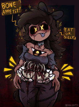 4_hands :3 arm_tattoo bare_shoulders big_breasts black_body black_clothing black_dress black_hair black_sclera blood blood_from_mouth blood_in_mouth bodily_fluids bone bow_ribbon breasts brown_body brown_skin cannibalism clothing cooking corpse cute_fangs dialogue dinner directional_arrow disguise dress earless emphasis_lines exclamation_point fangs female food freckled_breasts freckled_face freckled_shoulders freckles glowing glowing_eyes gore grey_body grey_tongue guts hair happy holding_object holding_skull innocent_expression intestines leg_tattoo lines_on_body long_hair machine meat metal metallic_body multi_hand nightmare_fuel noseless number organs patch_(fabric) pigtails proud ribs scar scars_all_over seam_(sewing) segmented_body sharp_teeth simple_background skinsuit smile solo sparkles speech_bubble stitch_(sewing) surgical_suture tattoo teeth text thick_thighs thigh_gap tight_clothing tongue tongue_out translucent translucent_clothing twintails_(hairstyle) unusual_anatomy white_body wide_hips x_eyes yellow_eyes yellow_text diddlydooter1 glitch_productions murder_drones cyn_(murder_drones) tessa_(murder_drones) eldritch_abomination human humanoid mammal patchwork_creature robot robot_humanoid undead worker_drone zombie artist_name digital_drawing_(artwork) digital_media_(artwork) hi_res signature