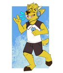 anthro bottomwear clothing dancing electronics fangs fur gesture headphones hooves horn male shirt shorts singing sleeveless_shirt solo tape_player teeth topwear yellow_body yellow_fur chevellenat sony_walkman dj_strap cervine deer mammal muntjac hi_res