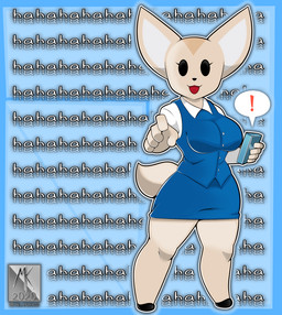 anthro big_ears blue_background bottomwear breasts clothing curvy_figure dialogue dot_eyes electronics exclamation_point eyelashes female fingers fur gesture hand_gesture looking_at_viewer multicolored_body multicolored_fur pencil_skirt phone pointing pointing_at_viewer simple_background simple_eyes skirt smile solo standing tan_body tan_fur text thick_thighs two_tone_body two_tone_fur voluptuous white_body white_fur wide_hips mklancer00 aggretsuko sanrio fenneko canid canine fennec_fox fox mammal true_fox 2020 digital_media_(artwork) english_text hi_res