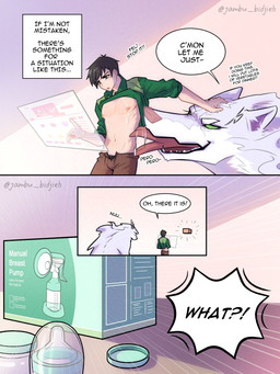 black_clothing black_hair black_underwear blue_body blue_fur bodily_fluids bottomwear box brown_bottomwear brown_clothing brown_pants clothed clothing clothing_lift container dialogue duo feral fur furniture gradient_background green_clothing green_eyes green_shirt green_topwear hair lactating licking licking_another light_body light_skin machine male milking_machine mischievous_smile navel nipples online_shopping pants pink_background red_paws shirt shirt_lift short_hair simple_background speech_bubble standing table text tongue tongue_out topwear underwear v-line jambu_bidjieh campfire_cooking_in_another_world_with_my_absurd_skill mythology fel_(fenrir) mukoda_tsuyoshi canid canine canis human mammal mythological_canine mythological_creature wolf 2024 3:4 comic english_text hi_res signature