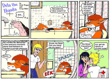 anthro bathing bathroom bathtub blonde_hair breasts clothed clothed_female clothed_male clothing dialogue dipstick_ears ear_markings ears_back eyewear female fur glasses group hair inside male multicolored_ears nude nude_female orange_body orange_fur orange_hair pivoted_ears shaved_breasts shirt sunglasses text toilet topwear trio style_wager dela_the_hooda dela_aldershaw jake_mcross sue_chan_(dela_the_hooda) canid canine fox hooda human mammal 1998 comic english_text