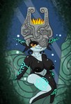 big_breasts black_body black_skin blonde_hair breasts clothing female fused_shadow hair headgear headwear markings nipples sitting solo thick_thighs white_body white_skin poraka7 nintendo the_legend_of_zelda twilight_princess midna humanoid twili