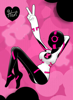 1_eye 5_fingers black_body breasts featureless_crotch female fingers gesture hand_behind_head hand_gesture heart_symbol markings pink_background pink_markings simple_background slim_female solo v_sign white_body kaijubaby01 ben_10 cartoon_network cc-by-nc-nd chaquetrix creative_commons upgrade_(ben_10) alien alien_humanoid galvanic_mechamorph humanoid 2024 hi_res