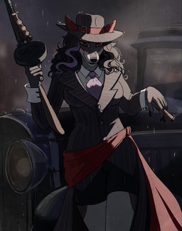 anthro car clothing female gangster gun hat headgear headwear raining ranged_weapon solo submachine_gun thompson_gun vehicle weapon natalie_de_corsair scarlett_vithica canid canine canis mammal wolf