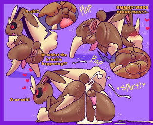 ahegao anal anal_fluids anal_penetration animal_genitalia anthro balls black_sclera blush bodily_fluids border confusion contact_onomatopoeia covering covering_face cum cum_expulsion cum_fart cum_from_ass cum_in_ass cum_inflated_belly cum_inflation cum_inside cum_on_ground cum_spurt cum_string cumshot cutaway digitigrade duo ejaculation genital_fluids genitals heart_symbol hearts_around_head inflation long_ears looking_away looking_pleasured lying male male/male male_anthro motion_lines non-euclidean_sex on_front onomatopoeia penetration penis purple_background purple_border red_eyes sex simple_background sound_effects sweat sweatdrop text voodoo voodoo_doll voodoo_sex snazzle_snapp nintendo pokemon meep_the_eevee generation_4_pokemon lopunny pokemon_(species) english_text