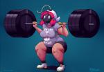 2016 5_fingers barbell bob-omb bodily_fluids bottomwear breasts clothing crouching dark_body dark_skin exercise female fingers hair hi_res humanoid mario_bros mataknight nintendo not_furry outta_sync pink_hair shorts shy-bomb signature simple_background slightly_chubby solo sweat teal_background thick_thighs weightlifting weights workout