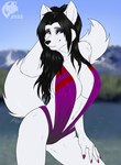 anthro black_hair black_nose breasts cleavage clothed clothing colored_nails female fingernails fur hair lake mature_anthro mature_female nails navel one-piece_swimsuit outside plunging_neckline purple_nails smile solo swimwear water white_body white_fur ghostwolf sara_prydein canid canine canis mammal wolf 2022 digital_media_(artwork) flat_colors signature