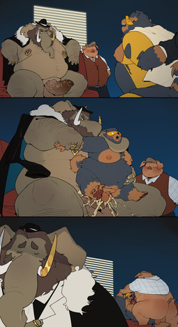anal anal_penetration anthro balls beard belly big_belly big_penis black_body bodily_fluids bottomwear bound brown_body butt cape clothing cum ejaculation erection facial_hair fallen_hero forced genital_fluids genitals group hat headgear headwear kemono male male/male moobs nipples open_mouth overweight pants penetration penile penile_penetration penis penis_in_ass penis_size_difference rape sex shirt skinsuit small_penis tight_clothing topwear visor quanjiang superhero_dog_(quanjiang) canid canine canis domestic_dog domestic_pig elephant elephantid mammal proboscidean suid suine sus_(pig) 2025 absurd_res comic hi_res