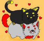 :3 black_body black_fur blonde_eyebrows blue_eyes cheek_tuft dot_eyes duo eyebrows facial_tuft feral fluffy fluffy_chest fluffy_ears fluffy_tail fur grey_body grey_fur heart_symbol heterochromia loaf male markings on_top on_top_of orange_background red_body red_chest red_ear_fluff red_eyebrows red_eyes red_fluff red_fur red_markings red_tail simple_background tail tuft yellow_ear_fluff yellow_eyes yellow_markings shadyadi arron_(shadyadi) shady_(shadyadi) canid canine felid feline mammal 2020 artist_name digital_drawing_(artwork) digital_media_(artwork) flat_colors signature