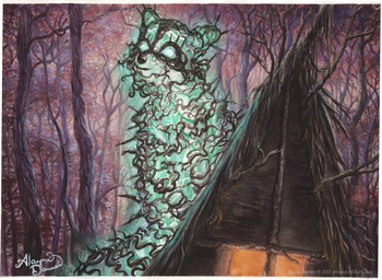 ambiguous_gender detailed_background feral forest leaf outside plant smile solo standing tail tree alayna_danner hasbro magic:_the_gathering wizards_of_the_coast elemental_creature flora_fauna mammal procyonid raccoon 2023 hi_res official_art traditional_media_(artwork)