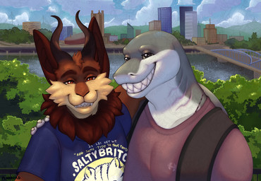 anthro arm_around_shoulders bridge city cityscape duo horn male river smile smiling_at_viewer flabberd aquatic bovid caprine demon fish goat hybrid mammal shark