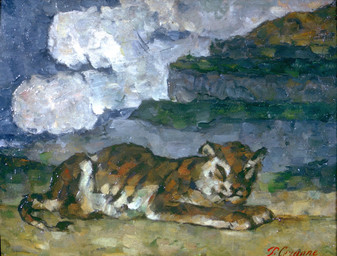 ambiguous_feral ambiguous_gender cloud day detailed_background feral impressionism lying lying_on_ground on_front on_ground outside painterly quadruped resting side_view sky solo striped_body stripes tail paul_cezanne public_domain felid mammal pantherine tiger 19th_century ancient_art formal_art hi_res oil_painting_(artwork) painting_(artwork) signature traditional_media_(artwork) traditional_painting_(artwork)