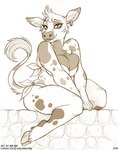 anthro big_breasts bra breasts clothing cloven_hooves ear_piercing ear_ring female hooves looking_at_viewer low_wall on_wall piercing ring_piercing sitting slightly_chubby smile solo stone_wall tail tail_tuft tuft underwear wall_(structure) nim-nim bovid bovine cattle mammal graphite_(artwork) traditional_media_(artwork)