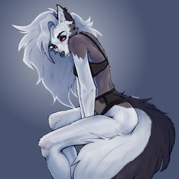 anthro boss clothing female fur grey_body grey_fur hair hotel piercing red_eyes solo underwear white_body white_fur lesventin hellaverse helluva_boss mythology loona_(helluva_boss) canid canid_demon canine canis demon hellhound mammal mythological_canine mythological_creature wolf 1:1 absurd_res hi_res