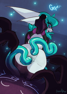 alternative_fashion anal anal_penetration angry anus bent_over blue_hair bodily_fluids clothed clothing clothing_lift double_penetration duo ears_back embarrassed emo emo_haircut female fur genital_fluids genitals growling hair leaning leaning_forward legwear looking_at_butt looking_at_genitalia looking_at_viewer looking_at_vulva looking_back makeup narrowed_eyes penetration pivoted_ears rear_view reveal simple_background stockings stretched_anus stretched_vagina tentacles text upset vaginal vaginal_fluids vaginal_penetration vulva white_body white_fur white_skin amazinky league_of_legends riot_games tencent shadow_(lol) vex_(lol) mammal yordle hi_res signature