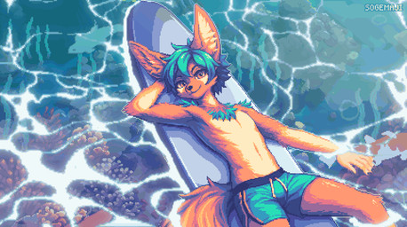 anthro big_ears biped bird's-eye_view blue_body blue_clothing blue_fur blue_hair blue_swimwear brown_eyes chest_tuft claws clothed clothing coral_reef day finger_claws fingers fur hair hand_behind_head high-angle_view humanoid_hands inner_ear_fluff looking_at_viewer looking_up lying male on_back orange_body orange_fur outside pose seaweed shadow short_hair smile solo surfboard swimming_trunks swimwear tail tan_body tan_fur text topless topless_anthro topless_male tuft water sogemaji ambient_fish ambient_sealife anthozoan aquatic canid canine cnidarian coral fennec_fox fox mammal true_fox 2025 animated artist_name colored digital_media_(artwork) loop pixel_(artwork) shaded