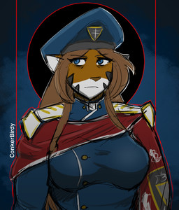 anthro armor beret blue_clothing brown_hair cape captain clothing female hair hat headgear headwear officer pauldron red_cape red_clothing science_fiction solo conkerbirdy rebecca_skies felid humanoid mammal pantherine tiger bust_portrait portrait