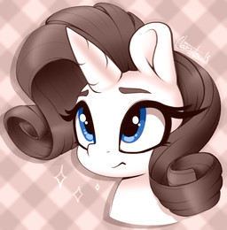 blue_eyes curly_hair eyebrows eyelashes female feral frown hair horn pattern_background plaid plaid_background simple_background solo white_body llametsul friendship_is_magic hasbro my_little_pony mythology rarity_(mlp) equid equine mammal mythological_creature mythological_equine unicorn 2023 bust_portrait digital_drawing_(artwork) digital_media_(artwork) monochrome portrait signature