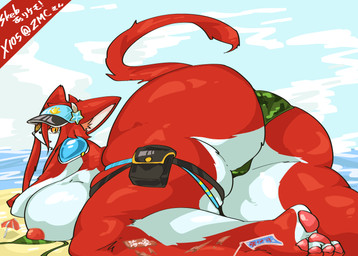 amber_eyes anthro areola bag beach big_breasts biped breasts butt clothed clothing countershading detailed_background eye_patch eyewear feet female fur hair hat headgear headwear inner_ear_fluff looking_back lying macro multicolored_body nipples on_front outside pawpads paws rear_view red_body red_ears red_fur red_hair red_tail solo tail text toes tuft two_tone_body ashi_foot cat_busters hinozuki domestic_cat felid feline felis mammal 2024 absurd_res digital_drawing_(artwork) digital_media_(artwork) hi_res