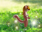 2006 4:3 anthro blue_eyes bracelet breasts butt casual_nudity chipmunk day detailed_background dr_comet female ground_squirrel hair hi_res jewelry lens_flare long_hair looking_down mammal micro nature navel nipples nude orange_hair outside ponytail rodent sciurid solo spring_(season) tail wallpaper