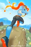 blue_body blue_scales blue_skin bodily_fluids bottomwear breath butt clothing cosplay crossover_cosplay female fire flaming_hair footwear looking_back midriff pants pseudo_hair running scales shoes sneakers solo sweat text yellow_sclera yoga_pants nam nintendo ring_fit_adventure undertale undertale_(series) ring_fit_trainer undyne animal_humanoid fish fish_humanoid humanoid marine marine_humanoid crossover translated