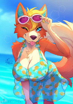 anthro big_breasts biped blonde_hair blue_body blue_eyes blue_fur breasts chest_tuft claws cleavage cleavage_cutout clothed clothed_anthro clothed_female clothing cutout deep_cleavage dress eyewear eyewear_on_head female fingers fur hair inner_ear_fluff looking_at_viewer one_eye_closed orange_body orange_fur smile solo sundress sunglasses sunglasses_on_head tail tan_body tan_fur tongue tongue_out tuft wearing_sunglasses wink winking_at_viewer fleet-foot animal_crossing nintendo audie_(animal_crossing) canid canine canis mammal wolf 2026 digital_drawing_(artwork) digital_media_(artwork) hi_res