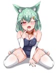 blush bodily_fluids breasts cleavage clothed clothing collar cum cum_on_face female genital_fluids green_hair hair kneeling legwear leotard one_eye_closed open_mouth sharp_teeth solo swimwear teeth thigh_highs kim_wang_jyang animal_humanoid humanoid absurd_res hi_res