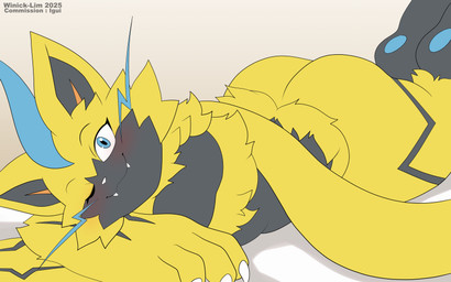 anthro blue_eyes blue_pawpads blush butt claws finger_claws fur iris lying nude on_front one_eye_closed pawpads pupils solo teeth white_claws yellow_arms yellow_body yellow_butt yellow_ears yellow_fingers yellow_fur yellow_hands winick-lim nintendo pokemon felid generation_7_pokemon legendary_pokemon mammal pokemon_(species) zeraora 16:10 2025 absurd_res hi_res widescreen