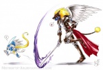 :3 angry anthro armor blonde_hair brown_body cape chasing clothing duo feathered_wings feathers hair male melee_weapon running simple_background sword tail weapon white_background wings mistress-of-air bandai_namco digimon digimon_(species) duftmon felid leopardmon lion mammal pantherine spadamon 2011