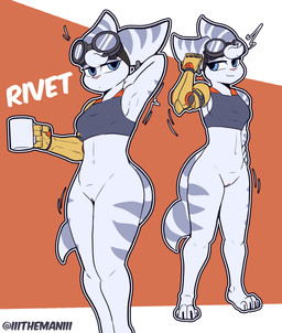 4_toes 5_fingers anthro barefoot blue_eyes bottomless bottomless_anthro bottomless_female breasts claws clothed clothed_anthro clothed_female clothing container cup eyewear feet female fingers front_view fur genitals goggles holding_container holding_cup holding_mug holding_object looking_at_viewer mug partially_clothed partially_clothed_anthro partially_clothed_female paws plantigrade prosthetic prosthetic_arm prosthetic_limb raised_arm smile solo standing tail toe_claws toes topwear topwear_only vulva white_body white_fur white_tail the_man ratchet_and_clank sony_corporation sony_interactive_entertainment rivet_(ratchet_and_clank) lombax mammal 2025 absurd_res digital_media_(artwork) hi_res