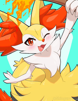 ambiguous_gender anthro chest_tuft fangs fire holding_object holding_ranged_weapon holding_weapon inner_ear_fluff one_eye_closed raised_arm ranged_weapon red_eyes solo stick tail teeth tuft weapon wink yellow_body shoog_serary nintendo pokemon braixen generation_6_pokemon pokemon_(species) 2024 hi_res