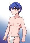 5_fingers asian_clothing blue_hair blush bottomwear clothed clothing east_asian_clothing fingers fundoshi hair human_only japanese_clothing looking_at_viewer male navel not_furry simple_background solo topless underwear toribako human mammal 2023 hi_res