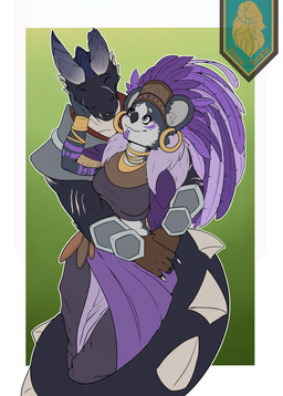 affectionate anthro clothed clothing dark_body dark_scales ear_piercing ear_ring eyes_closed feathers fur gradient_background happy hat_feather headgear headwear horn hug long_tail looking_at_another loose_feather multicolored_body multicolored_fur neck_ring piercing purple_body purple_feathers ring ring_piercing scales scar shoulder_armor simple_background tail tattoo tribal tribal_tattoo goatykai mythology dragon koala mammal marsupial mythological_creature mythological_scalie scalie vombatiform digital_drawing_(artwork) digital_media_(artwork) hi_res portrait three-quarter_portrait
