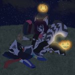 anthro cemetery clothed clothing female female/female flower hair hand_holding jack-o'-lantern partially_clothed plant strapon tombstone m1lkb4rk felid feline mammal mephitid skunk 1:1 hi_res